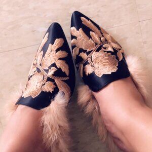 Neiman Marcus Black Satin Velvet Embroidered Lamb Fur Loafers